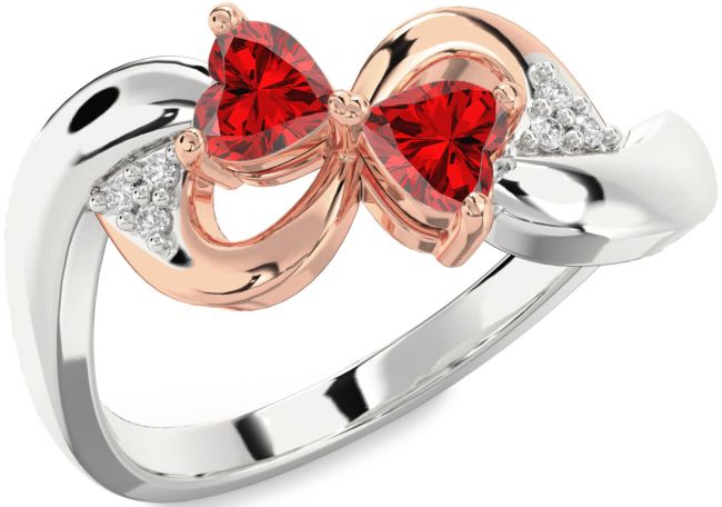 Diamond Ruby Rose Gold Silver Infinity Two Heart Birthstone Ring