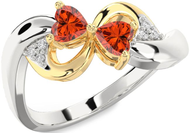 Diamond Fire Opal Gold Silver Infinity Two Heart Ring