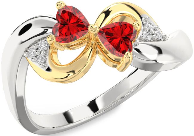 Diamond Ruby Gold Silver Infinity Two Heart Birthstone Ring