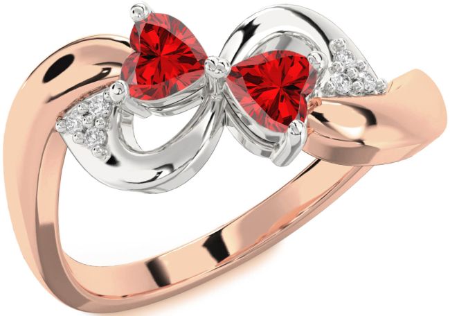 Diamond Ruby Rose Gold Silver Infinity Two Heart Birthstone Ring