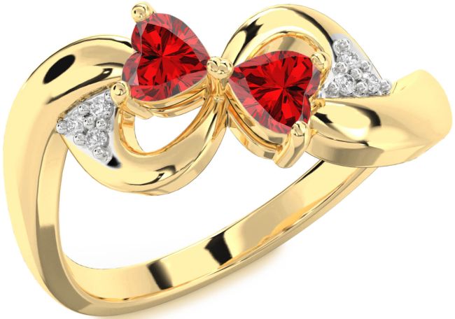 Diamond Ruby Gold Infinity Two Heart Birthstone Ring