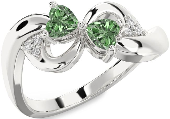 Green Diamond Silver Infinity Two Heart Ring