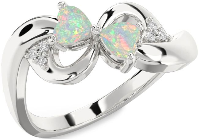 Diamond Opal Silver Infinity Two Heart Birthstone Ring