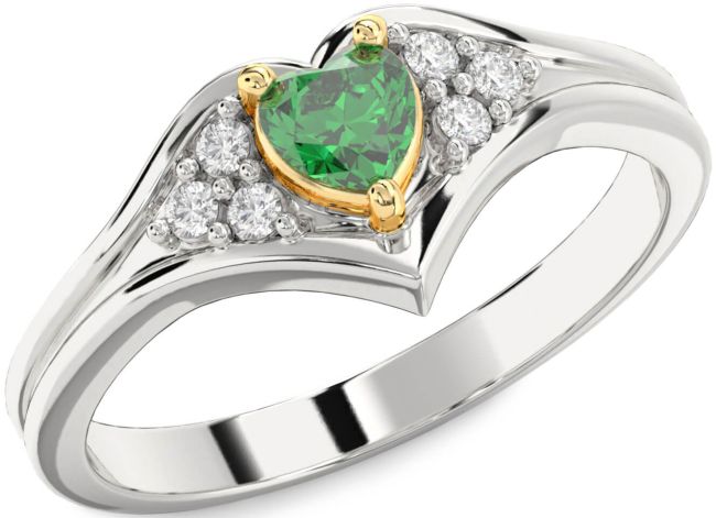 Diamond Emerald Silver & 10K gold Heart Promise Ring