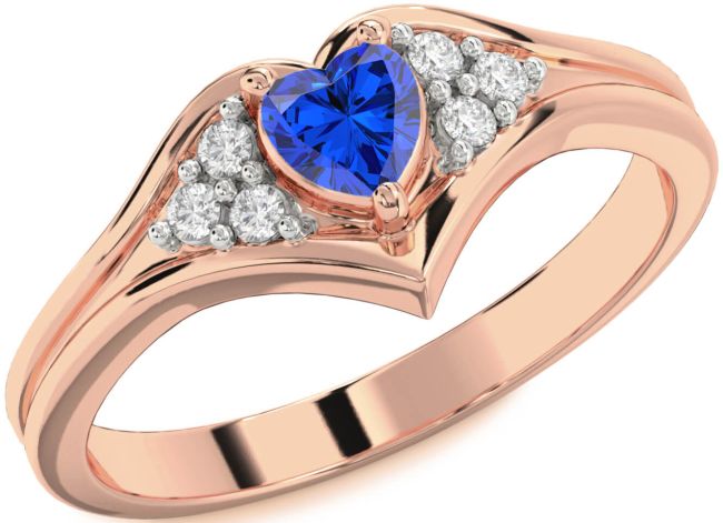 Diamond Blue Sapphire Rose Gold Silver Heart Promise Ring