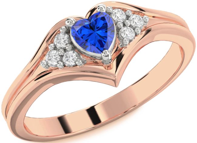 Diamond Blue Sapphire Rose Gold Silver Heart Promise Ring