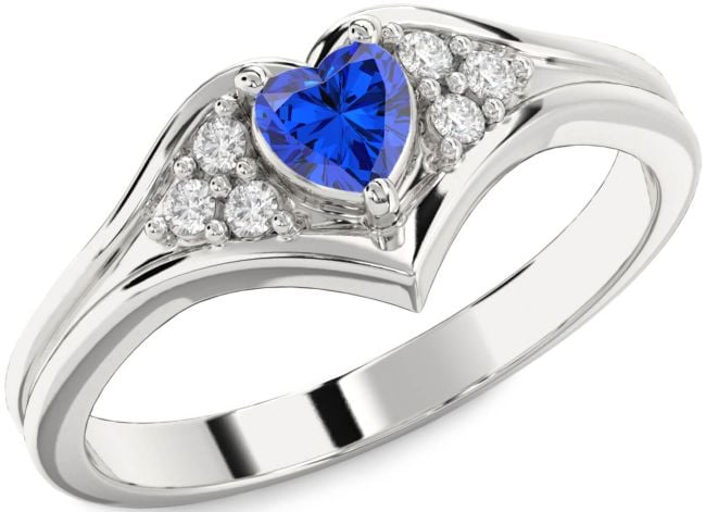 Diamond Blue Sapphire Platinum Heart Promise Ring