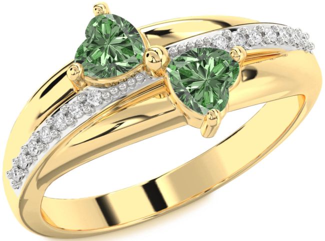 Green Diamond Gold Silver Two Heart Ring
