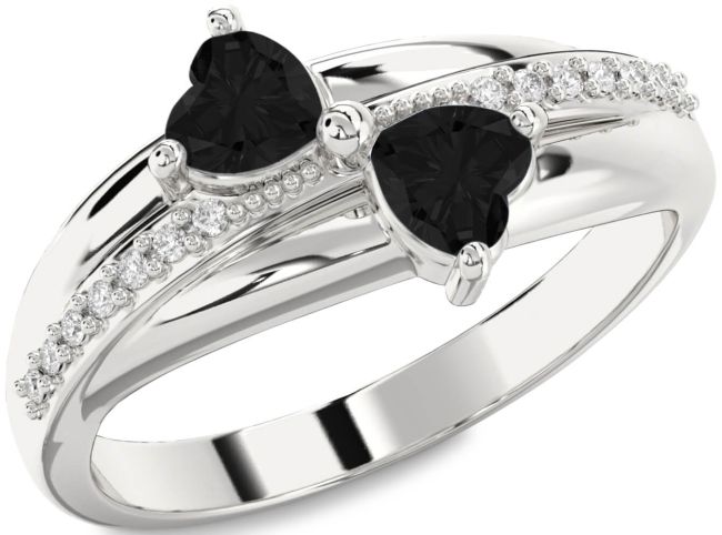 Black Diamond Silver Two Heart Ring