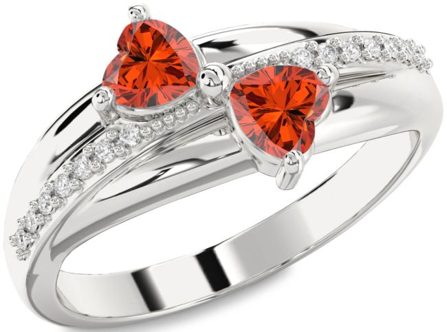 Diamond Fire Opal Silver Two Heart Ring