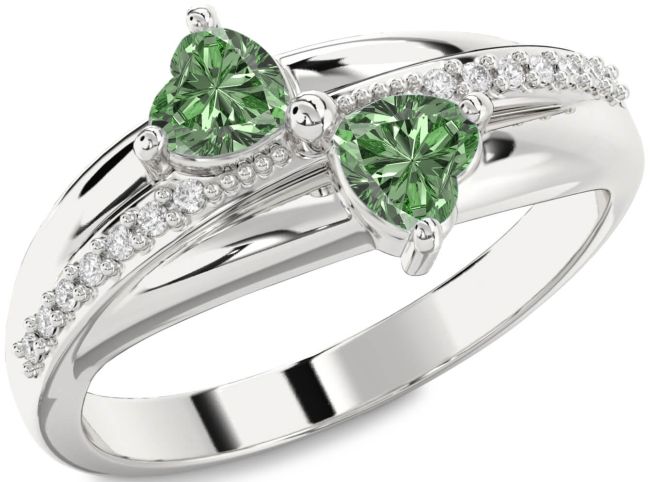 Green Diamond Silver Two Heart Ring