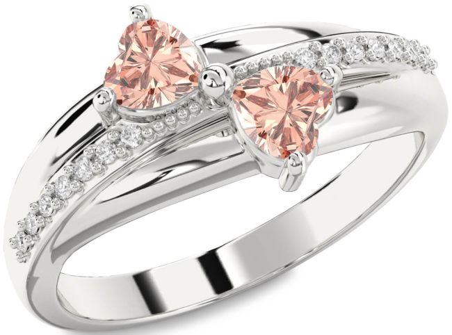Diamond Morganite Silver Two Heart Ring