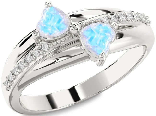Diamond Moonstone Silver Two Heart Ring