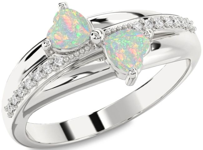 Diamond Opal Silver Two Heart Birthstone Ring