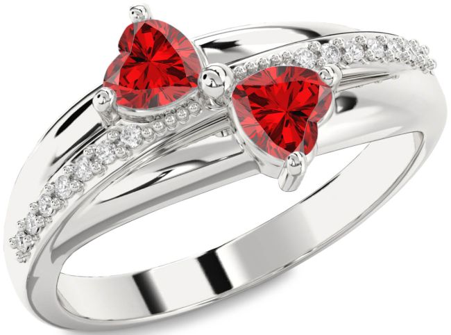 Diamond Ruby Silver Two Heart Birthstone Ring