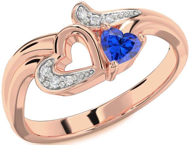 Diamond Blue Sapphire Rose Gold Silver Heart Promise Ring