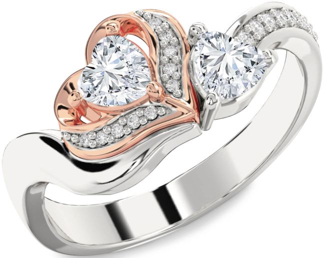 Diamond Rose Gold Silver Two Heart Ring