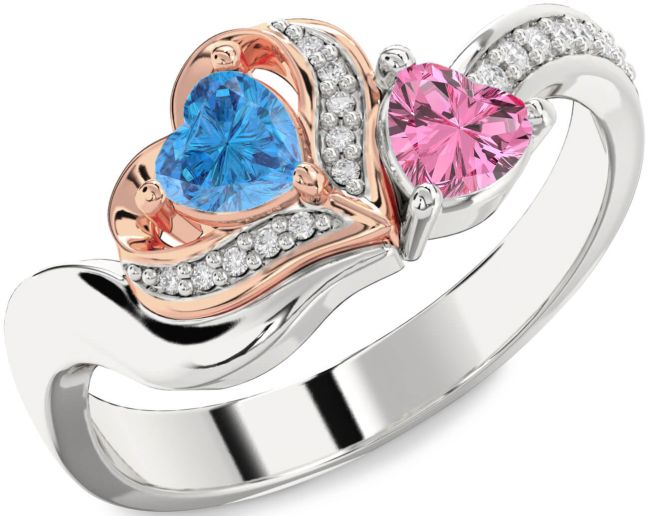 Diamond Silver & 10K Rose Gold Two Heart Promise Ring