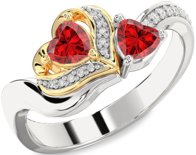Diamond Ruby Gold Silver Two Heart Birthstone Ring