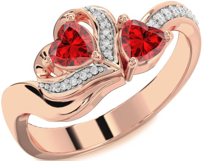Diamond Ruby Rose Gold Two Heart Birthstone Ring