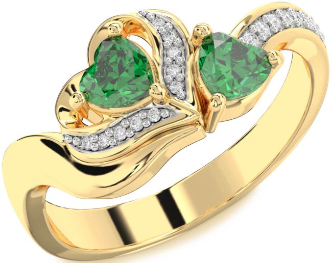 Diamond Emerald Gold Two Heart Birthstone Ring