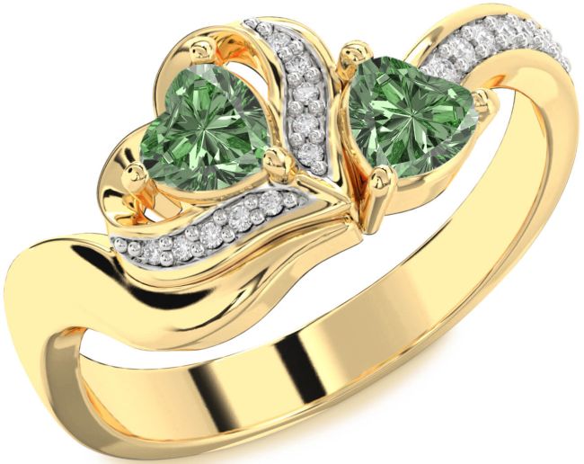 Green Diamond Gold Two Heart Ring