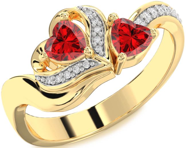 Diamond Ruby Gold Two Heart Birthstone Ring