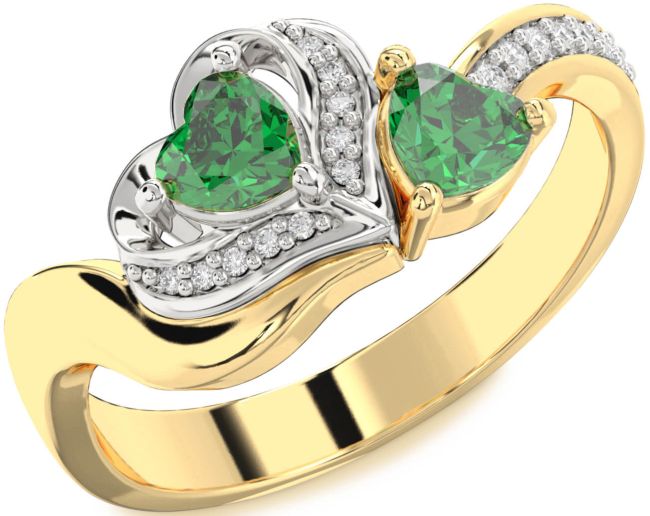 Diamond Emerald Gold Silver Two Heart Birthstone Ring