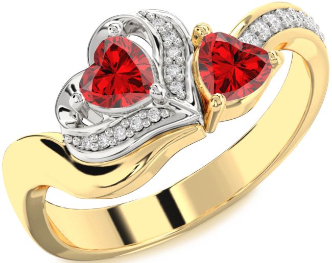 Diamond Ruby Gold Silver Two Heart Birthstone Ring