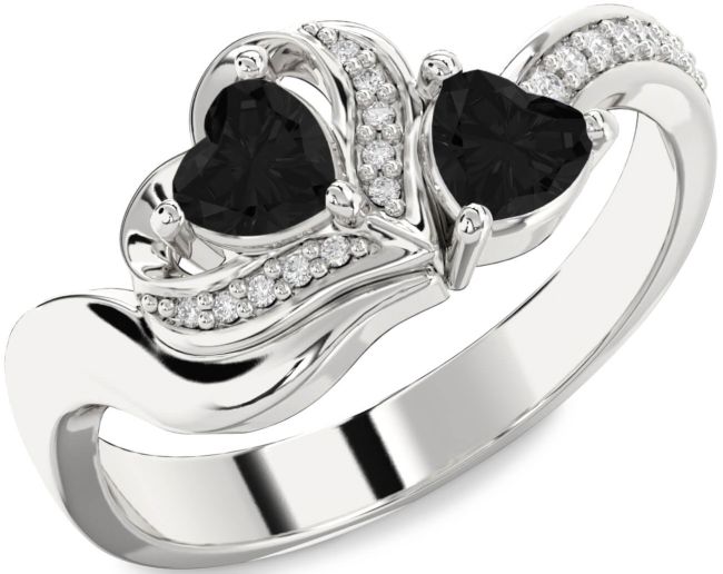 Black Diamond Silver Two Heart Ring