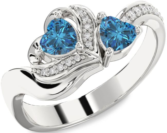 Blue Diamond Silver Two Heart Ring