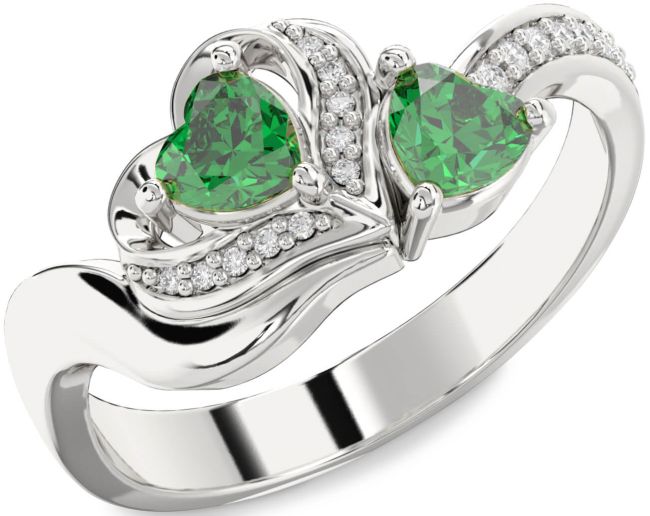 Diamond Emerald Silver Two Heart Birthstone Ring