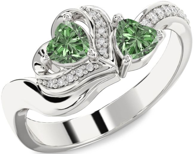 Green Diamond Silver Two Heart Ring