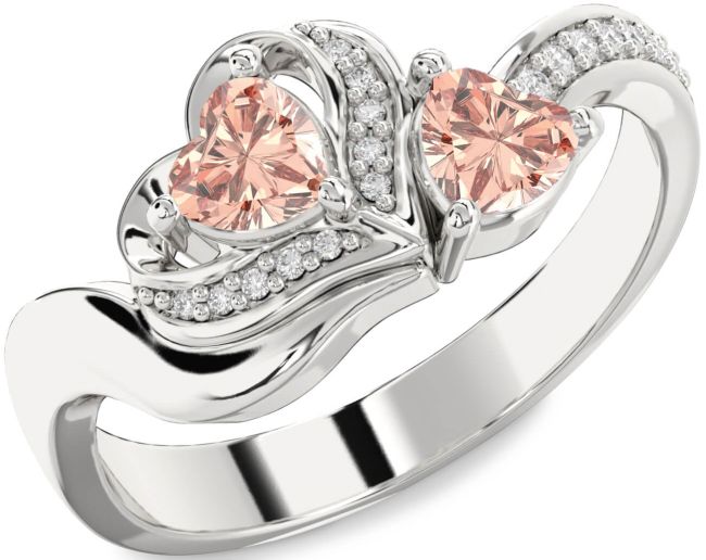 Diamond Morganite Silver Two Heart Ring