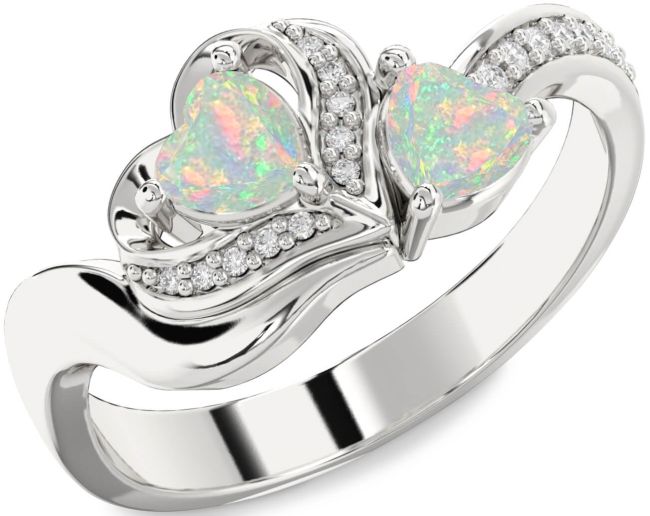 Diamond Opal Silver Two Heart Birthstone Ring