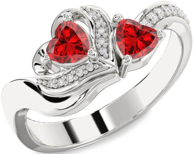 Diamond Ruby Silver Two Heart Birthstone Ring