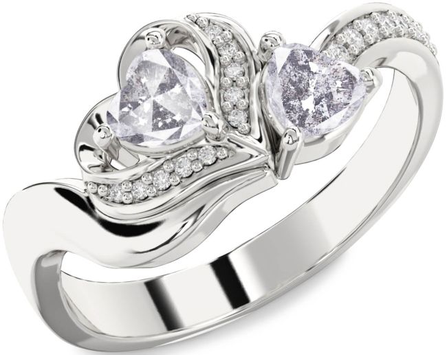 Salt & Pepper Diamond Silver Two Heart Ring
