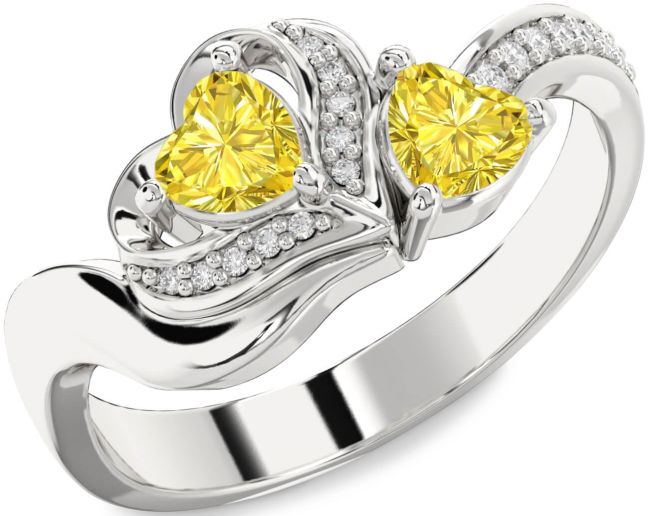 Yellow Diamond Silver Two Heart Ring