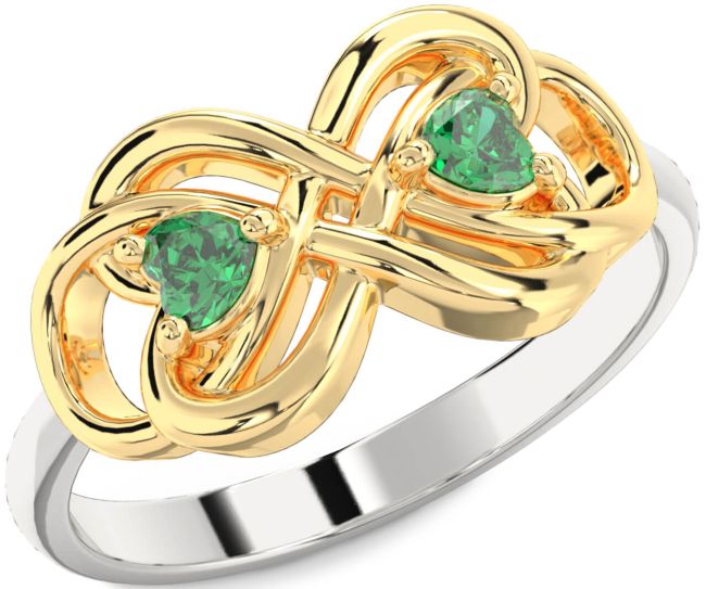Emerald Gold Silver Infinity Knot Two Heart Birthstone Ring
