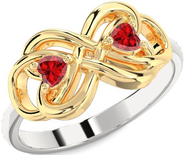 Ruby Gold Silver Infinity Knot Two Heart Birthstone Ring