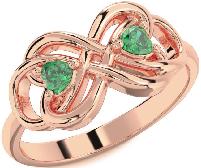 Emerald Rose Gold Infinity Knot Two Heart Birthstone Ring