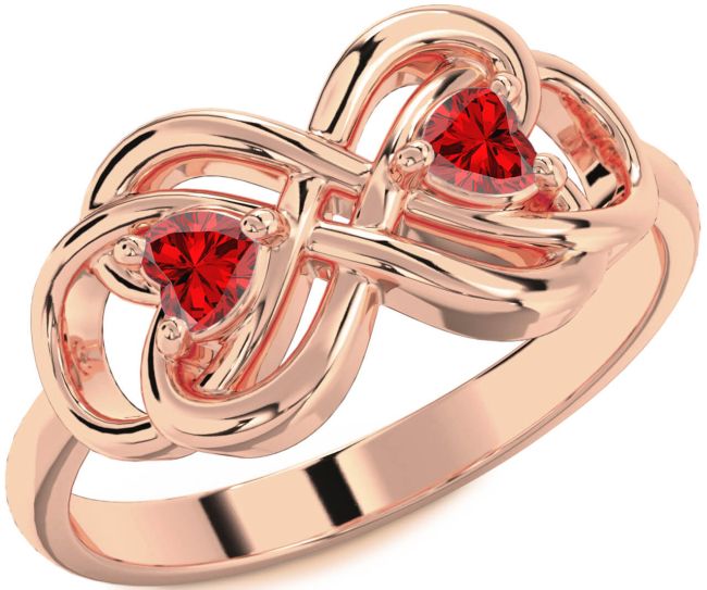 Ruby Rose Gold Infinity Knot Two Heart Birthstone Ring