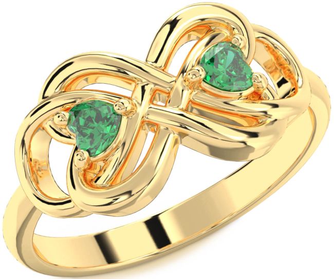 Emerald Gold Infinity Knot Two Heart Birthstone Ring