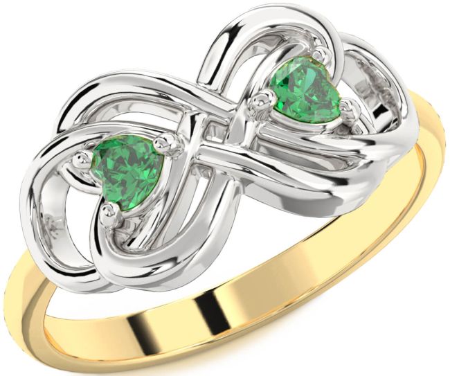 Emerald Gold Silver Infinity Knot Two Heart Birthstone Ring