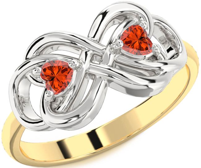Fire Opal Gold Silver Infinity Knot Two Heart Ring
