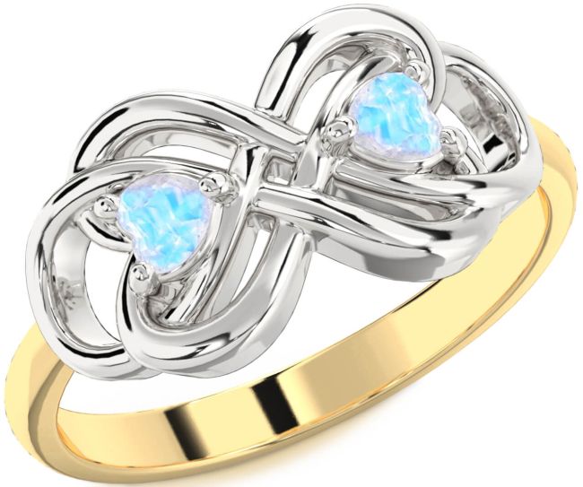 Moonstone Gold Silver Infinity Knot Two Heart Ring