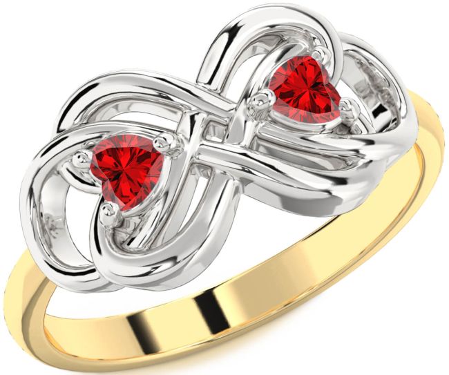 Ruby Gold Silver Infinity Knot Two Heart Birthstone Ring