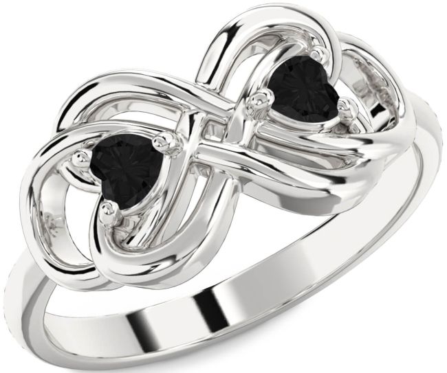 Black Diamond Silver Infinity Knot Two Heart Ring
