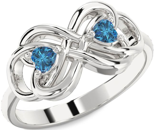Blue Diamond Silver Infinity Knot Two Heart Ring