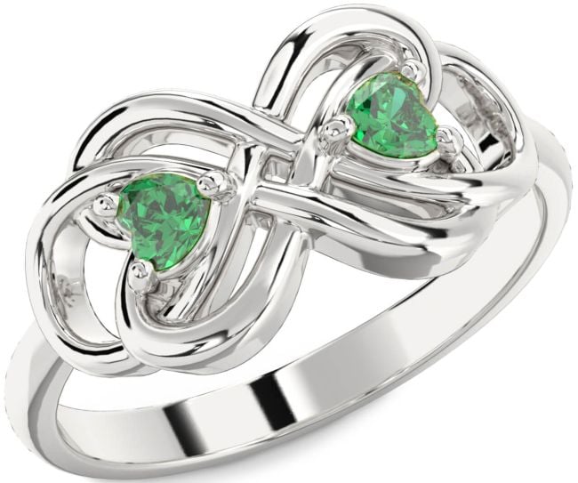 Emerald Silver Infinity Knot Two Heart Birthstone Ring